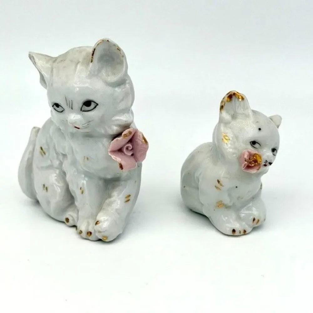 Set of 2 Porcelain White Persian Cat Figurines Pink Rose Gold Trim Japan 2